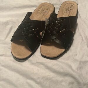 Kim Rogers Black Sandals with Woven Strap and Slip-On Design